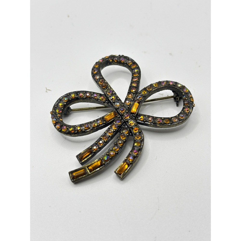 Unbranded Bow Brooch Pin Women OS Amber Gold Rhinestone Aurora Borealis‎ Vintage